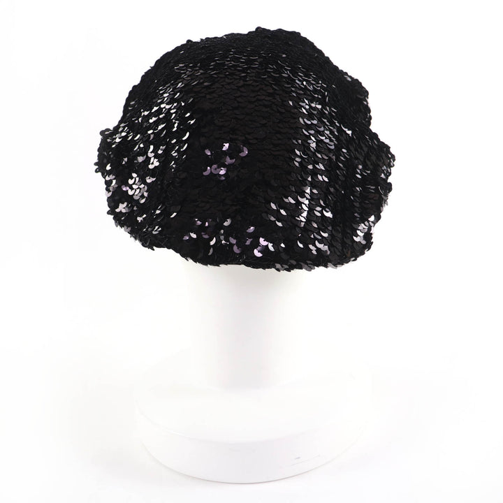 Great CHANEL beret COCO Mark 100% silk lining with sequins black Women M 17C