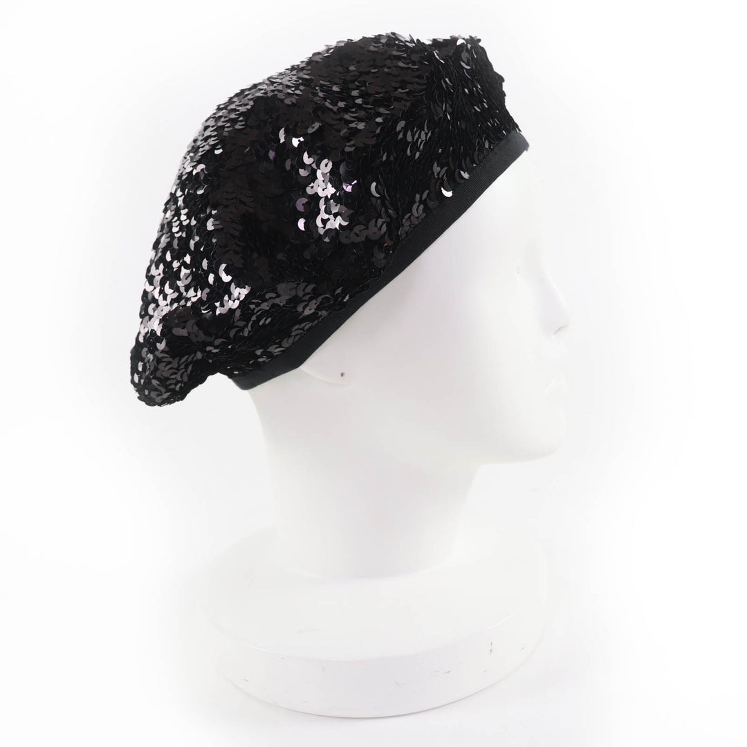 Great CHANEL beret COCO Mark 100% silk lining with sequins black Women M 17C