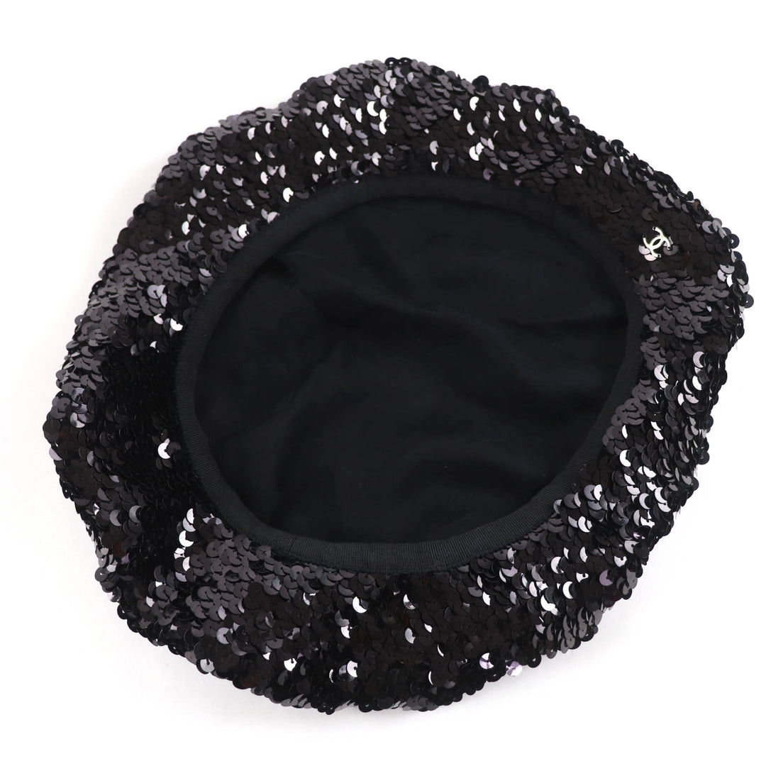 Great CHANEL beret COCO Mark 100% silk lining with sequins black Women M 17C