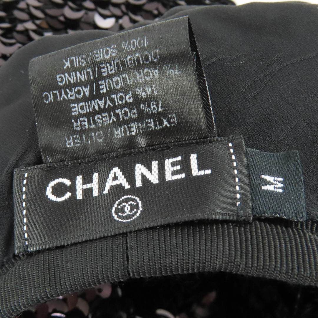 Great CHANEL beret COCO Mark 100% silk lining with sequins black Women M 17C