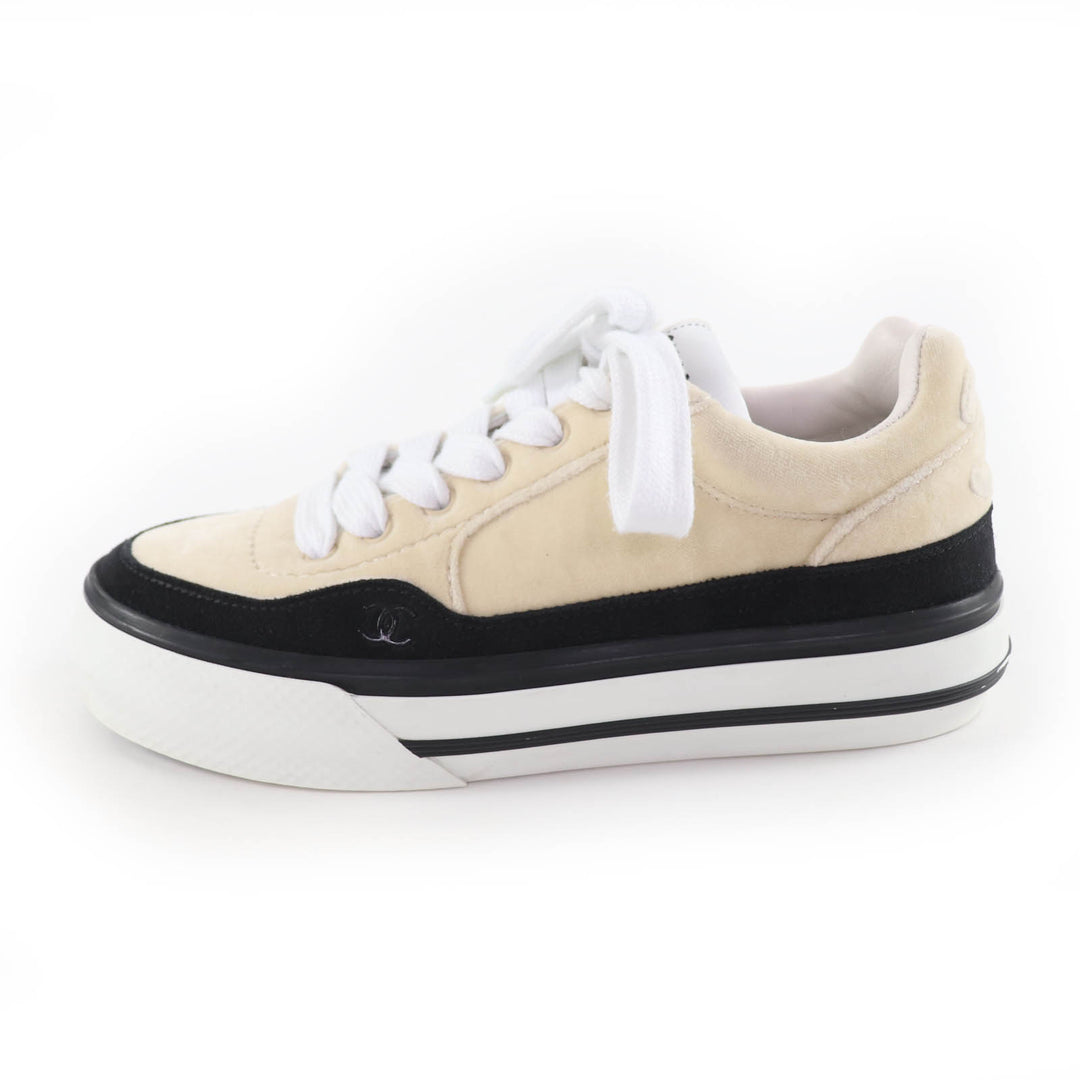 Great CHANEL sneakers COCO Mark Velvet Lace-Up beige velvet Women 36 G45208