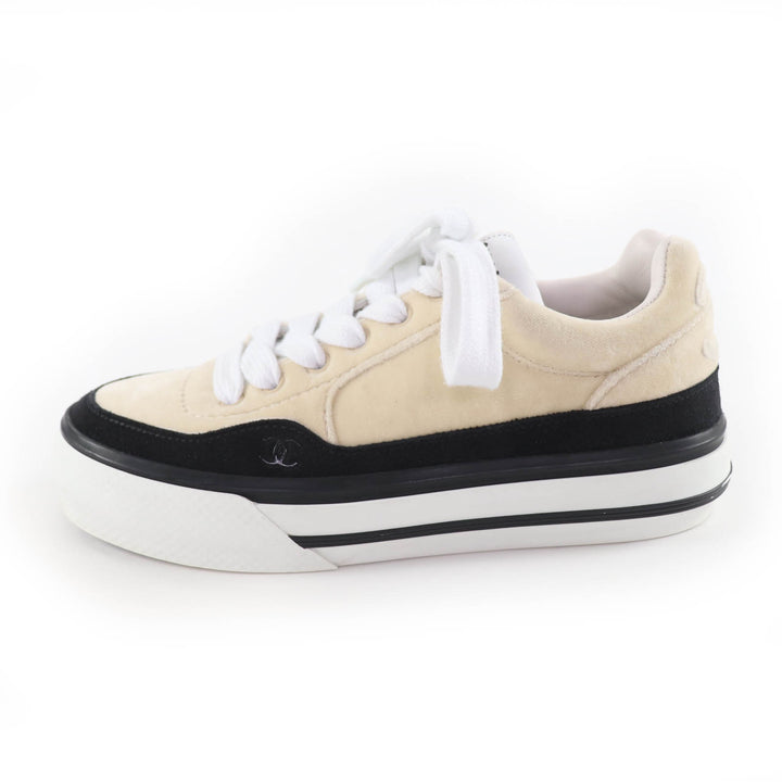 Great CHANEL sneakers COCO Mark Velvet Lace-Up beige velvet Women 36 G45208