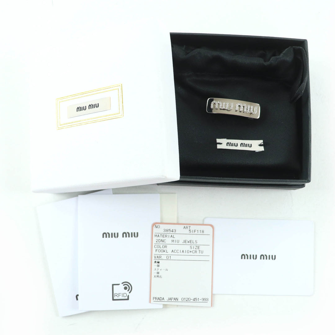 Pristine MIUMIU hair accessory Rhinestone Logo Hair Barrette Silver 5IF118