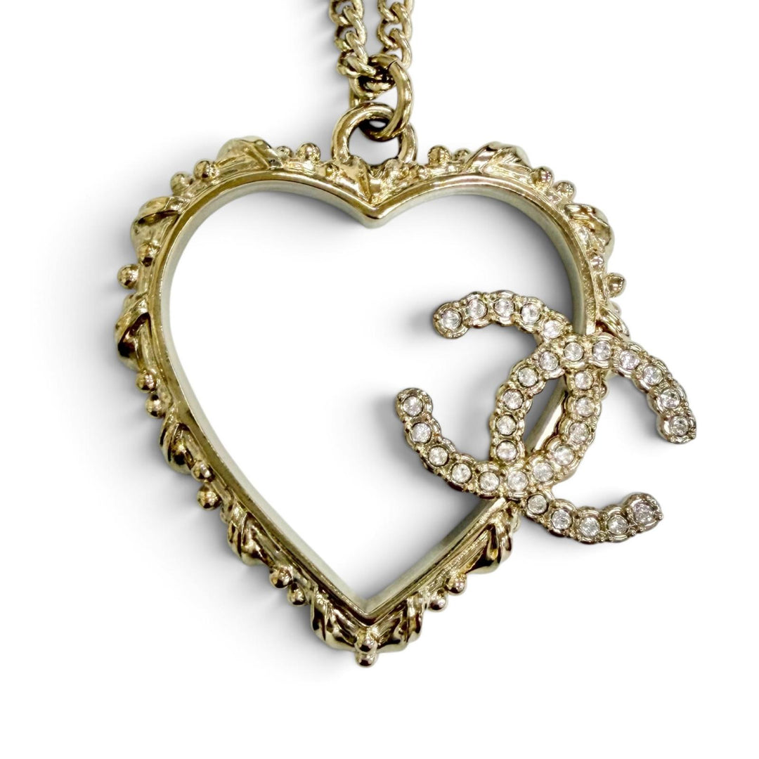 Excellent CHANEL Heart COCO Mark Rhinestone Necklace Pendant Accessory gold B25P