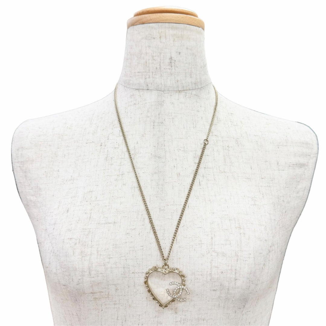 Excellent CHANEL Heart COCO Mark Rhinestone Necklace Pendant Accessory gold B25P
