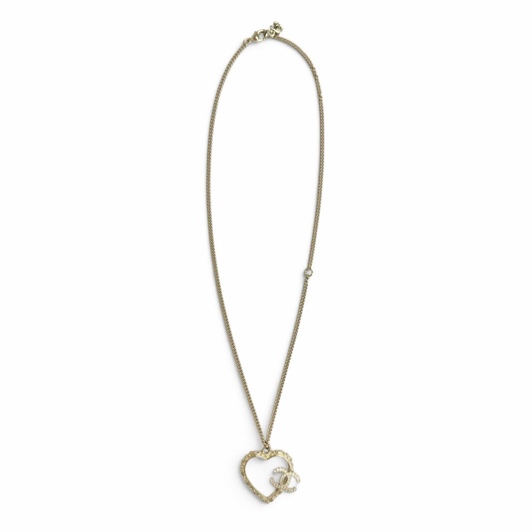 Excellent CHANEL Heart COCO Mark Rhinestone Necklace Pendant Accessory gold B25P
