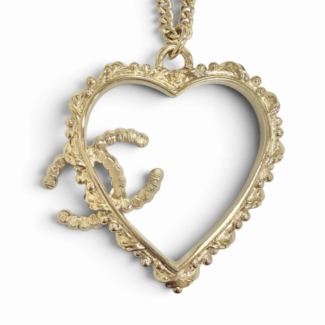 Excellent CHANEL Heart COCO Mark Rhinestone Necklace Pendant Accessory gold B25P