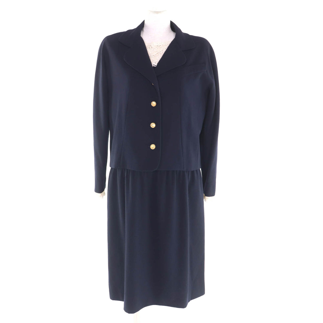 Very Good CHANEL suit COCO Button Jacket + Dress 2-Piece Set Navy wool Women 38