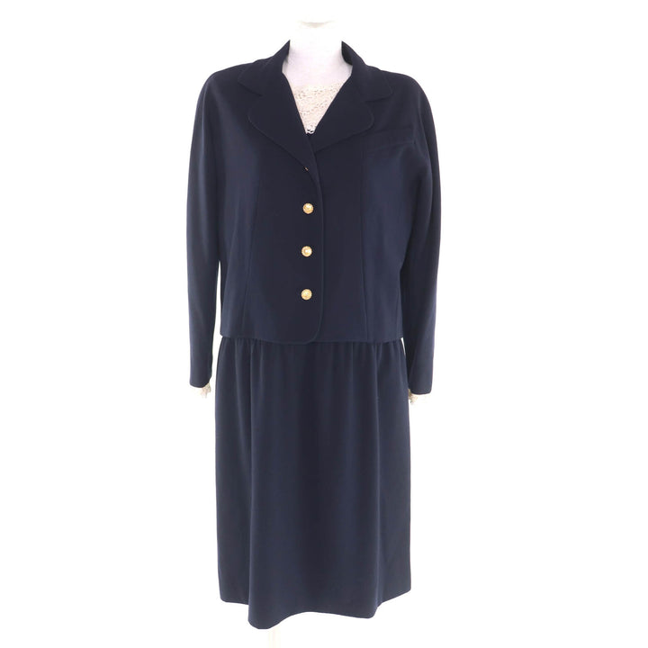 Very Good CHANEL suit COCO Button Jacket + Dress 2-Piece Set Navy wool Women 38