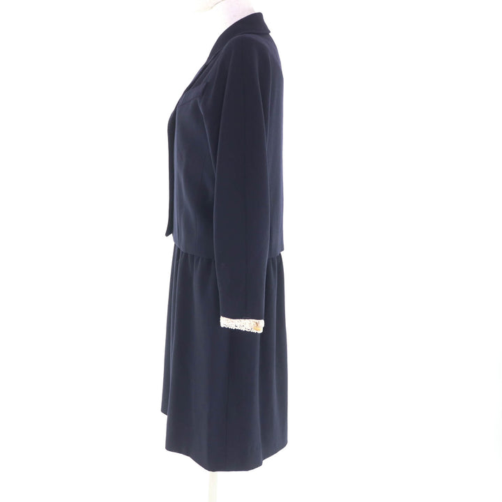 Very Good CHANEL suit COCO Button Jacket + Dress 2-Piece Set Navy wool Women 38