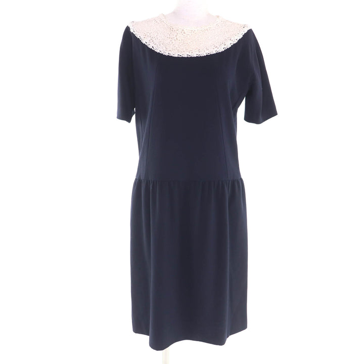 Very Good CHANEL suit COCO Button Jacket + Dress 2-Piece Set Navy wool Women 38
