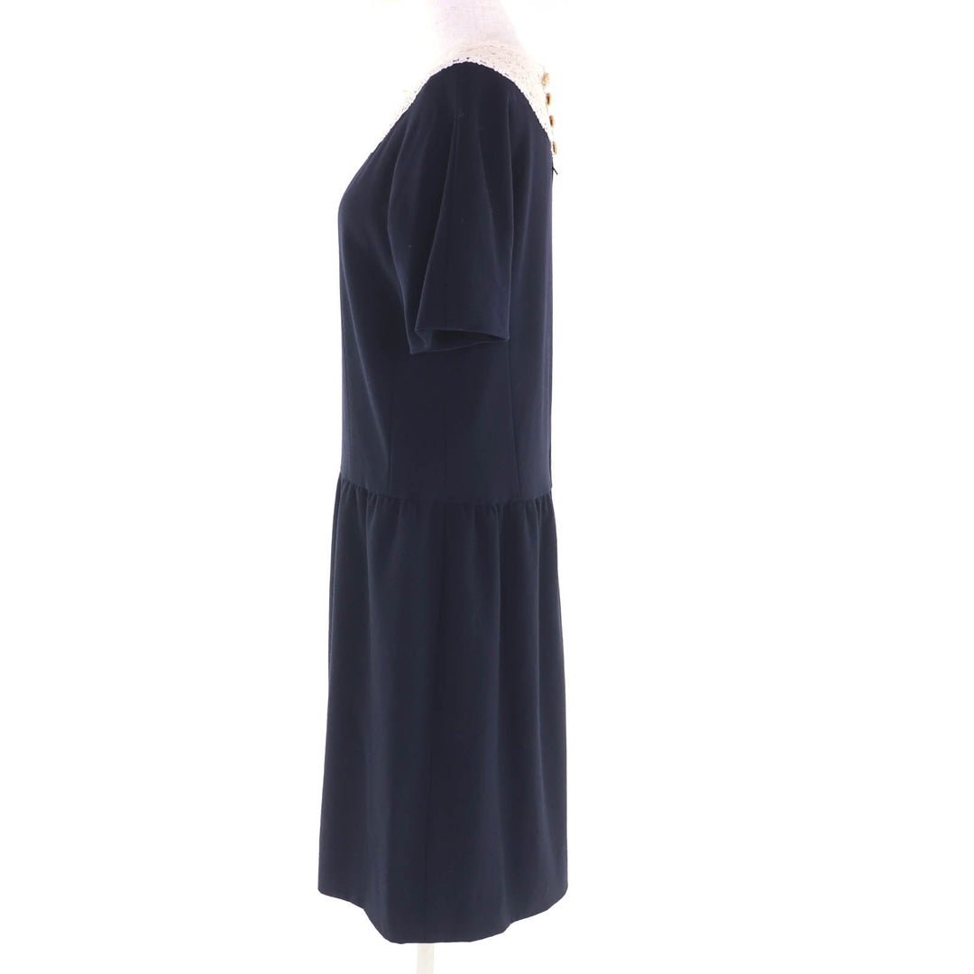 Very Good CHANEL suit COCO Button Jacket + Dress 2-Piece Set Navy wool Women 38