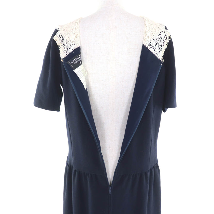 Very Good CHANEL suit COCO Button Jacket + Dress 2-Piece Set Navy wool Women 38