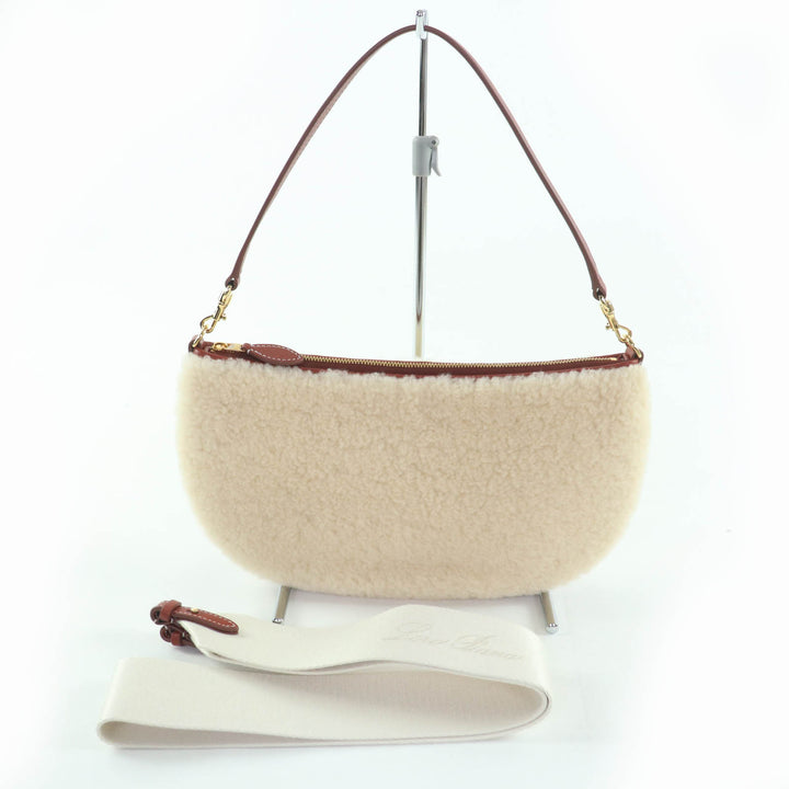 Excellent Loro Piana Shoulder Bag Leather 2-way mini bag pouch Ivory brown