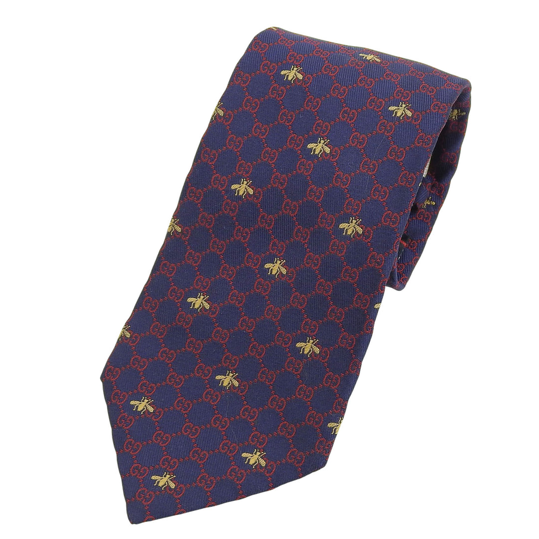 Great GUCCI tie GG logo all-over print Bee embroidery Navy silk mens 545078