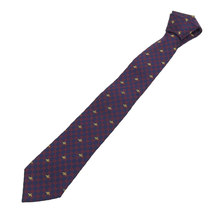 Great GUCCI tie GG logo all-over print Bee embroidery Navy silk mens 545078