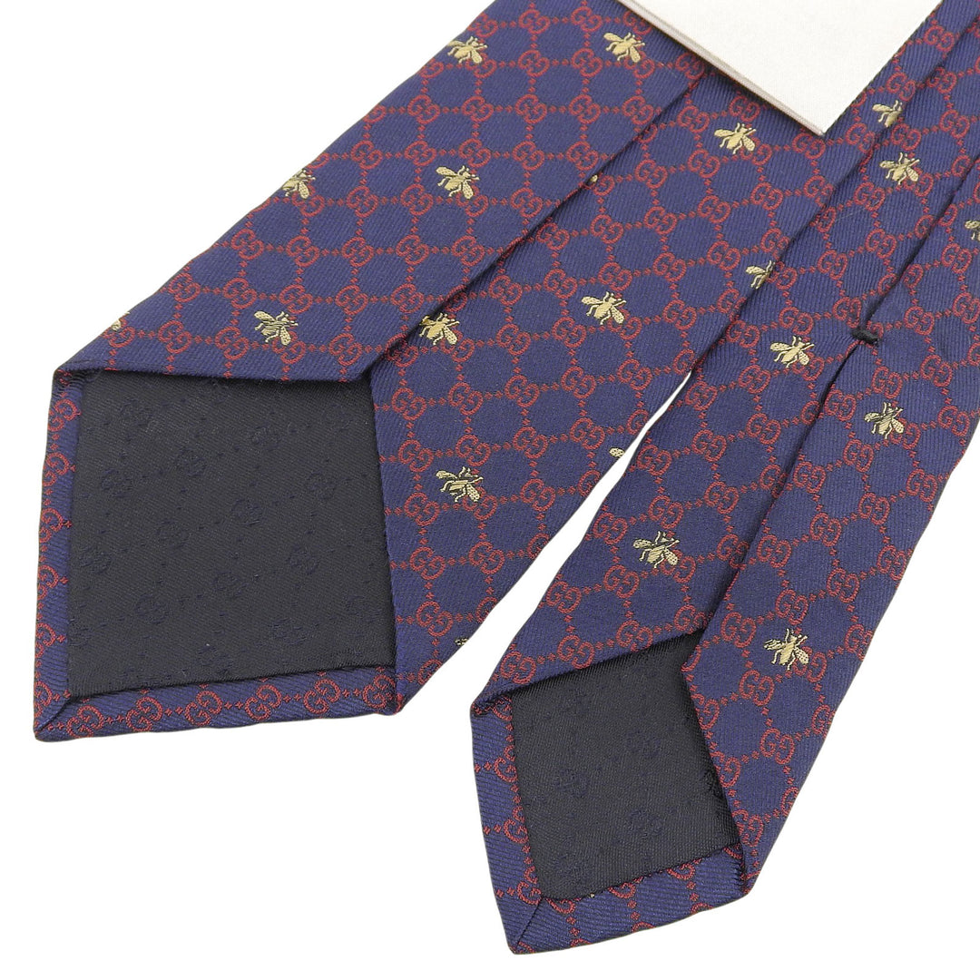 Great GUCCI tie GG logo all-over print Bee embroidery Navy silk mens 545078