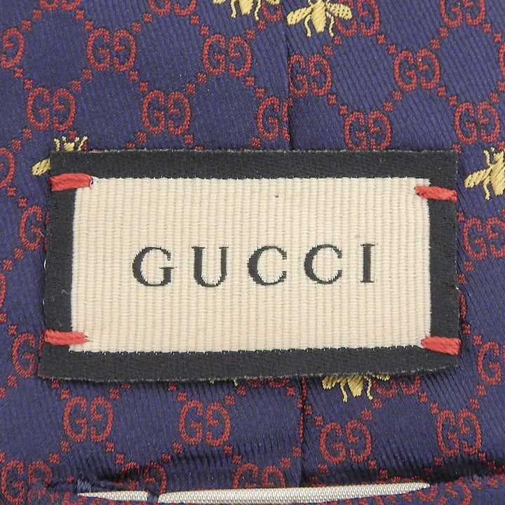 Great GUCCI tie GG logo all-over print Bee embroidery Navy silk mens 545078