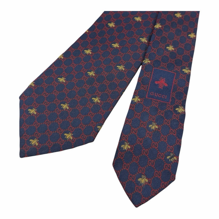 Great GUCCI tie GG logo all-over print Bee embroidery Navy silk mens 545078
