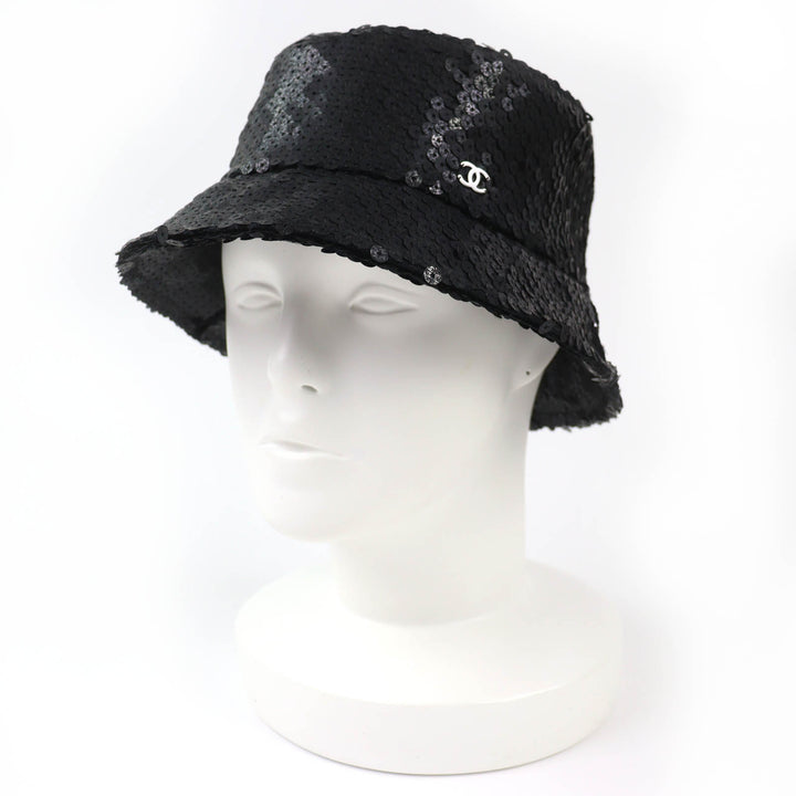 Great CHANEL hat COCO Mark logo sequin design black polyester Women M 23C