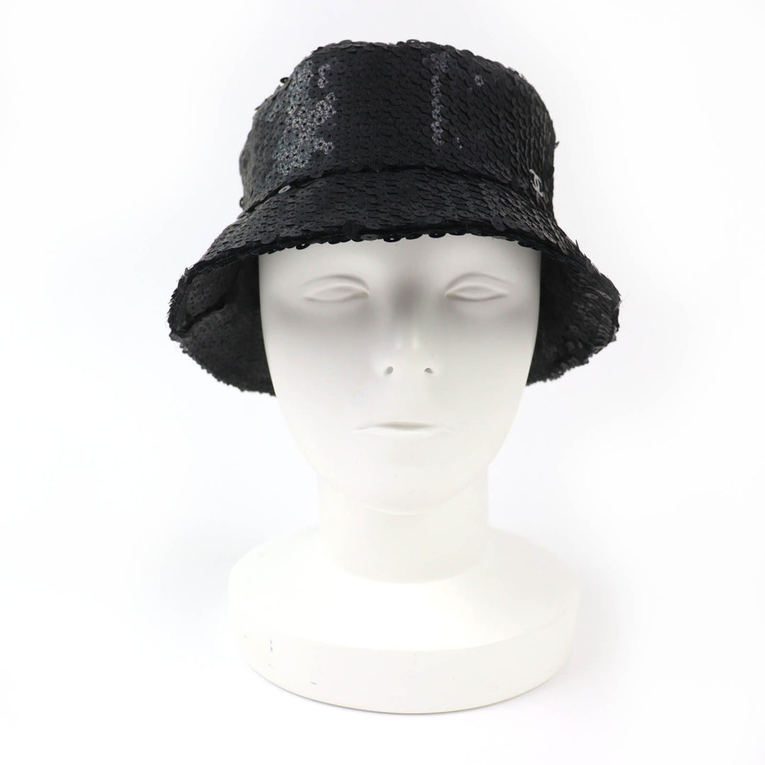 Great CHANEL hat COCO Mark logo sequin design black polyester Women M 23C