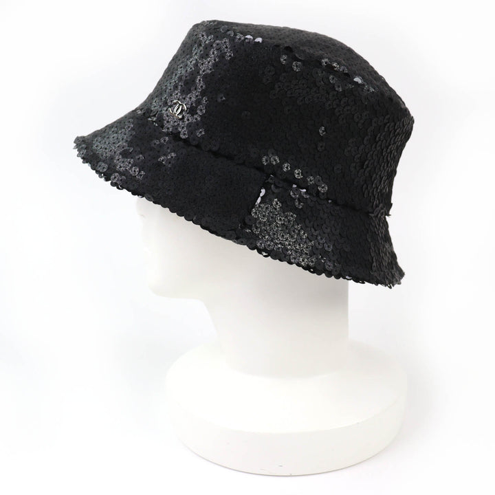 Great CHANEL hat COCO Mark logo sequin design black polyester Women M 23C