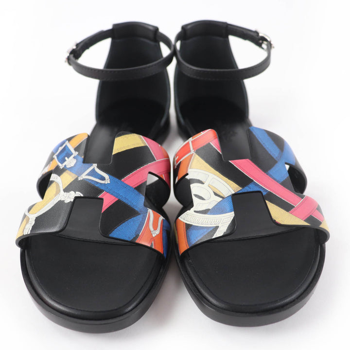 Pristine HERMES Sandals Santorini ankle strap leather black leather Women 35