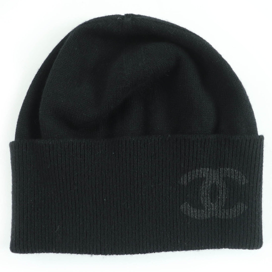 Great CHANEL Knit cap COCO Mark Beanie black cashmere Women AA9335