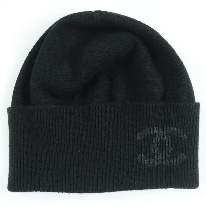 Great CHANEL Knit cap COCO Mark Beanie black cashmere Women AA9335