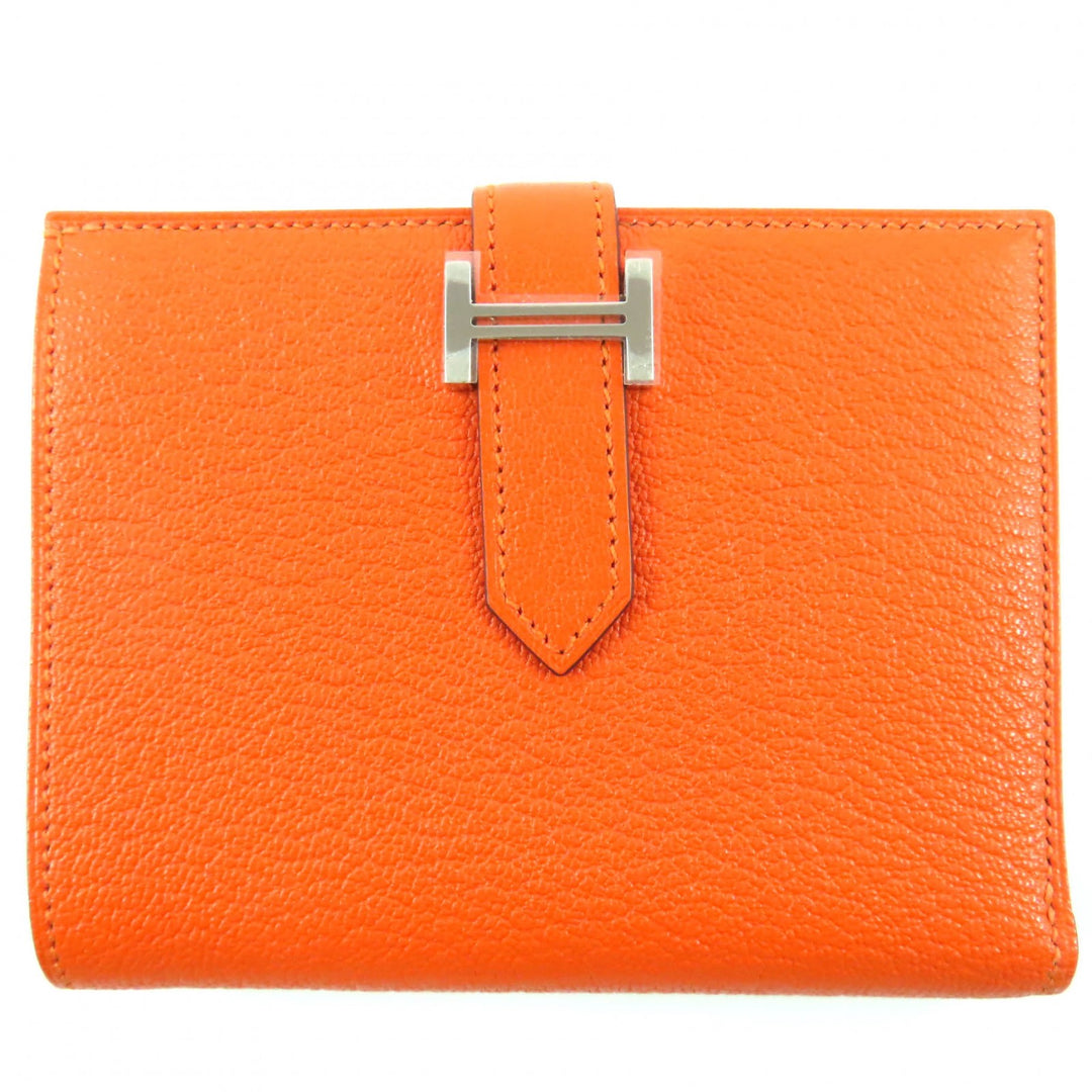 新品 HERMES 二つ折り財布 BEAN コンパクト オレンジ シェーブ レディース