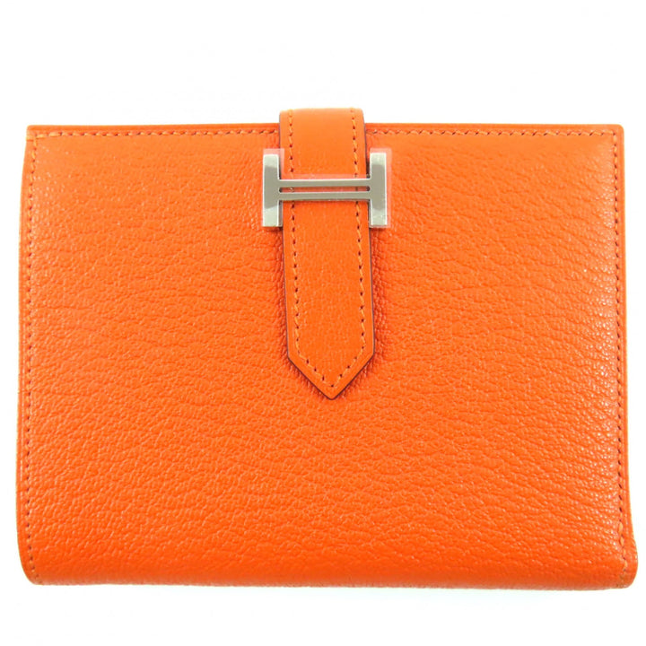 新品 HERMES 二つ折り財布 BEAN コンパクト オレンジ シェーブ レディース