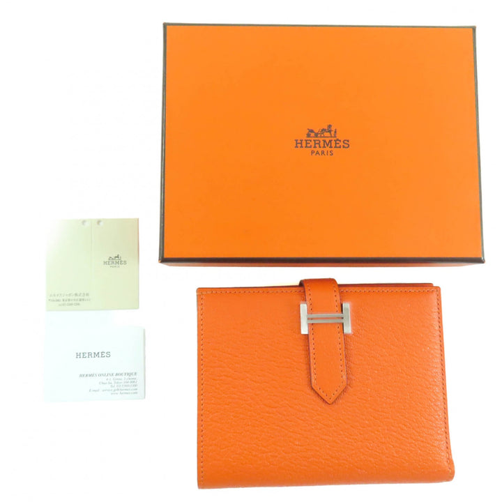 新品 HERMES 二つ折り財布 BEAN コンパクト オレンジ シェーブ レディース