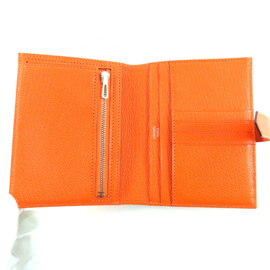 新品 HERMES 二つ折り財布 BEAN コンパクト オレンジ シェーブ レディース