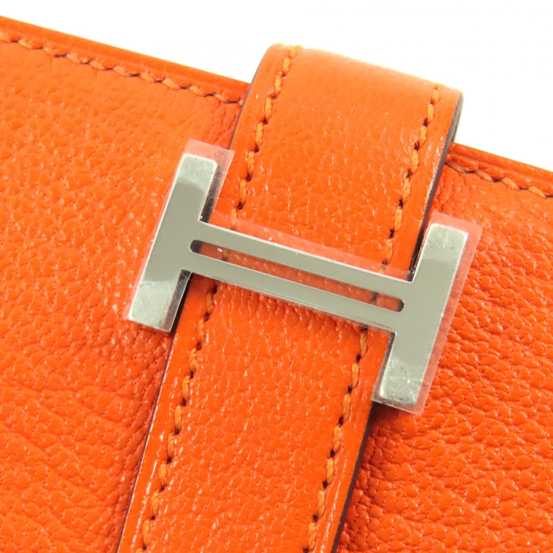 新品 HERMES 二つ折り財布 BEAN コンパクト オレンジ シェーブ レディース