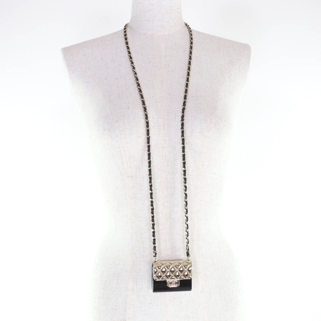 Great CHANEL Necklace Matelasse Bag Motif COCO Mark Pill Case Leather Chain B22P