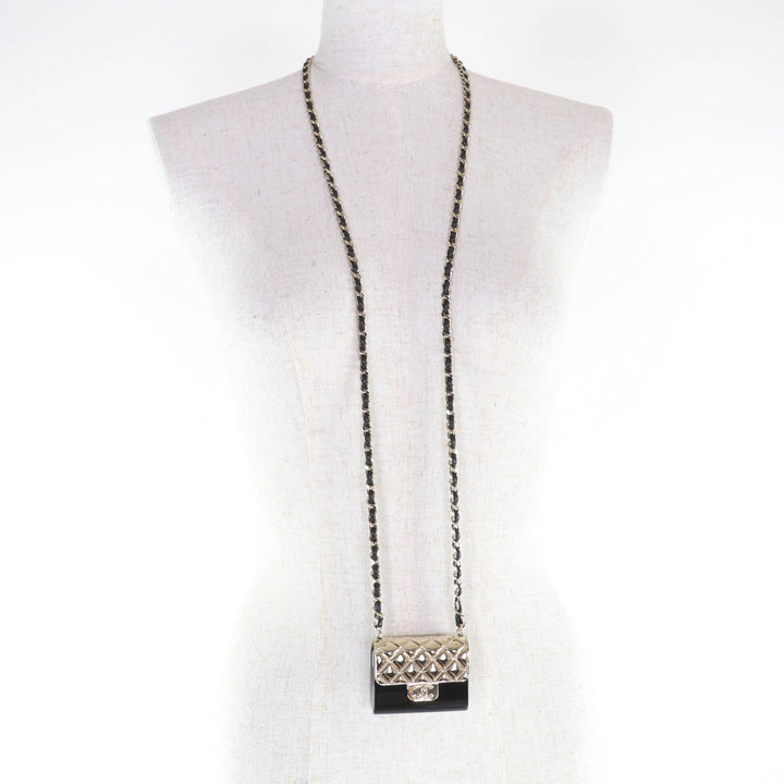 Great CHANEL Necklace Matelasse Bag Motif COCO Mark Pill Case Leather Chain B22P
