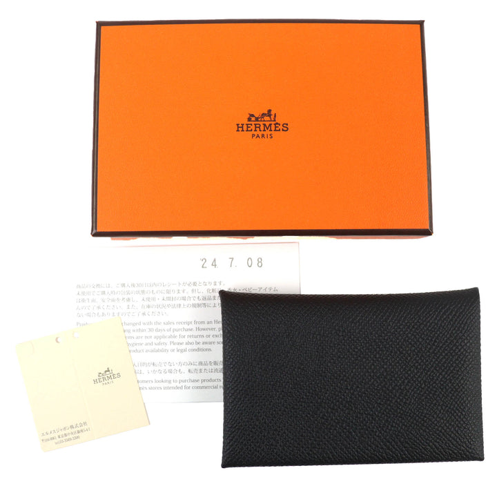 Pristine HERMES Card Case Calvi Business Coin case black Epsom Leather