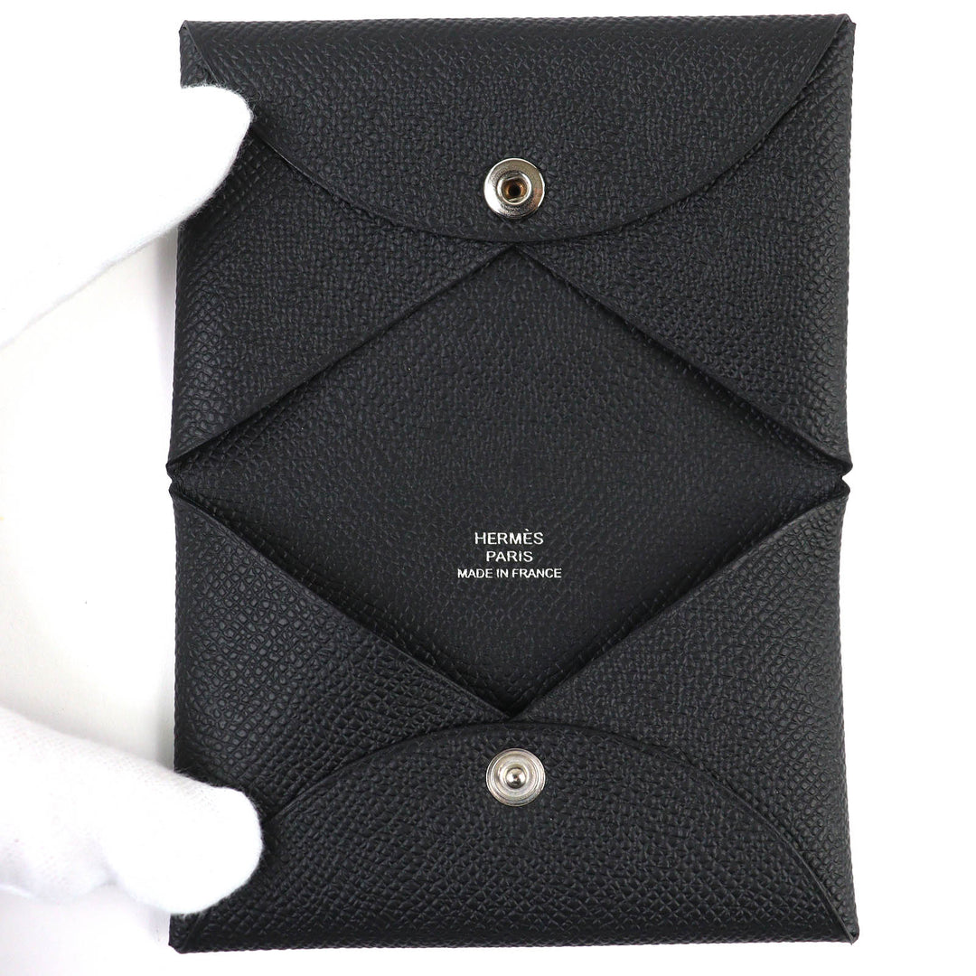 Pristine HERMES Card Case Calvi Business Coin case black Epsom Leather