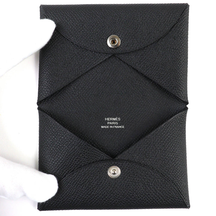 Pristine HERMES Card Case Calvi Business Coin case black Epsom Leather