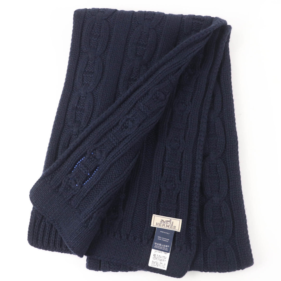 Excellent HERMES Scarf Tri-Maillon Leather Chaine d'Ancre Knit cashmere