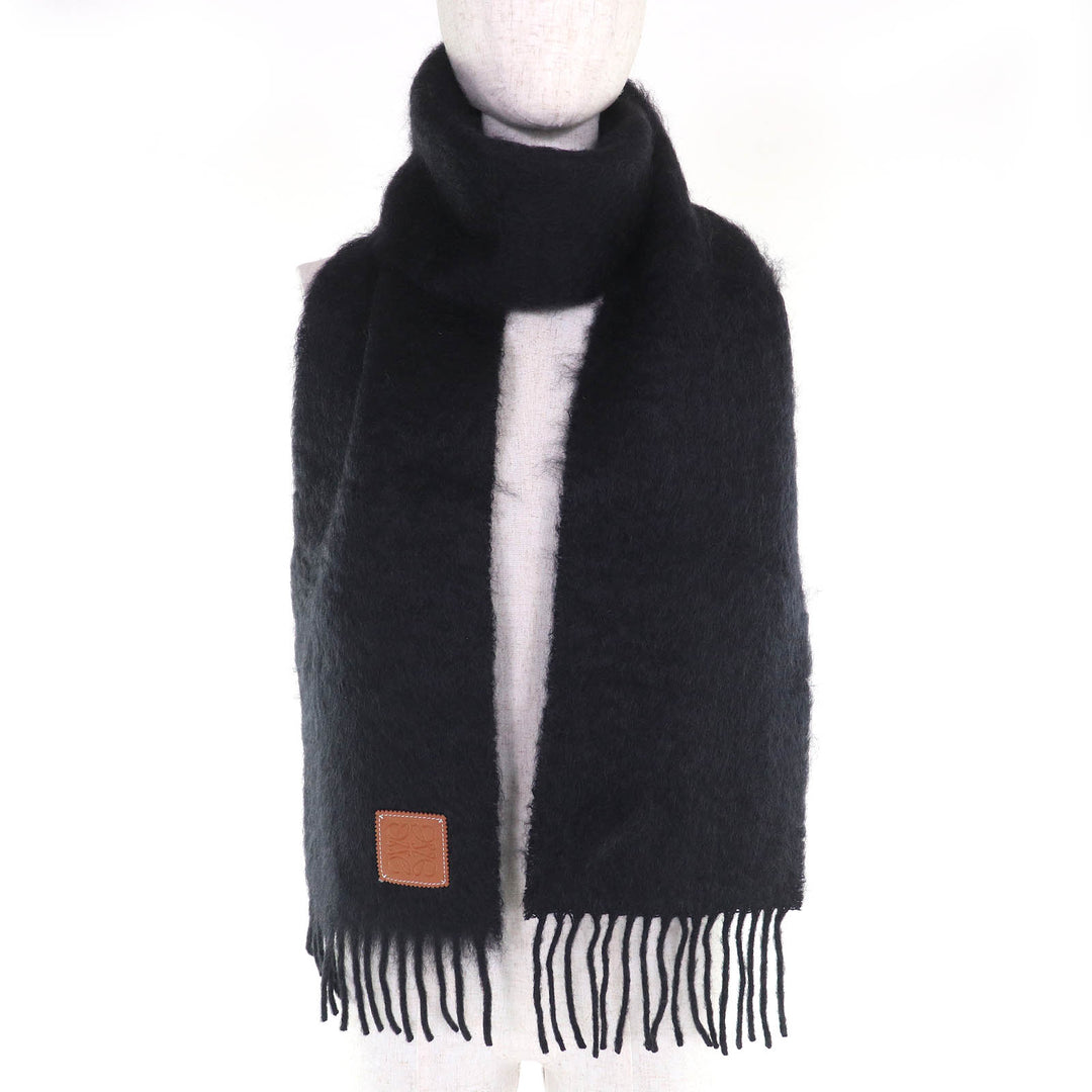 Excellent LOEWE Scarf Anagram Leather Patch with Fringe, Long black mohair Women