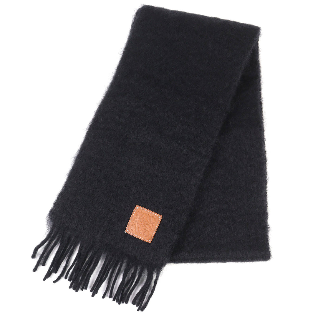 Excellent LOEWE Scarf Anagram Leather Patch with Fringe, Long black mohair Women