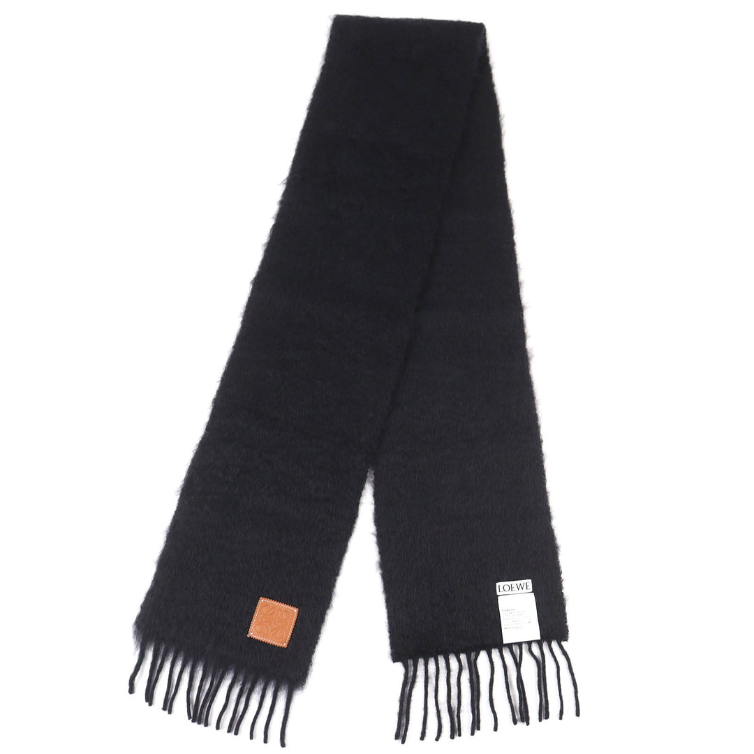 Excellent LOEWE Scarf Anagram Leather Patch with Fringe, Long black mohair Women