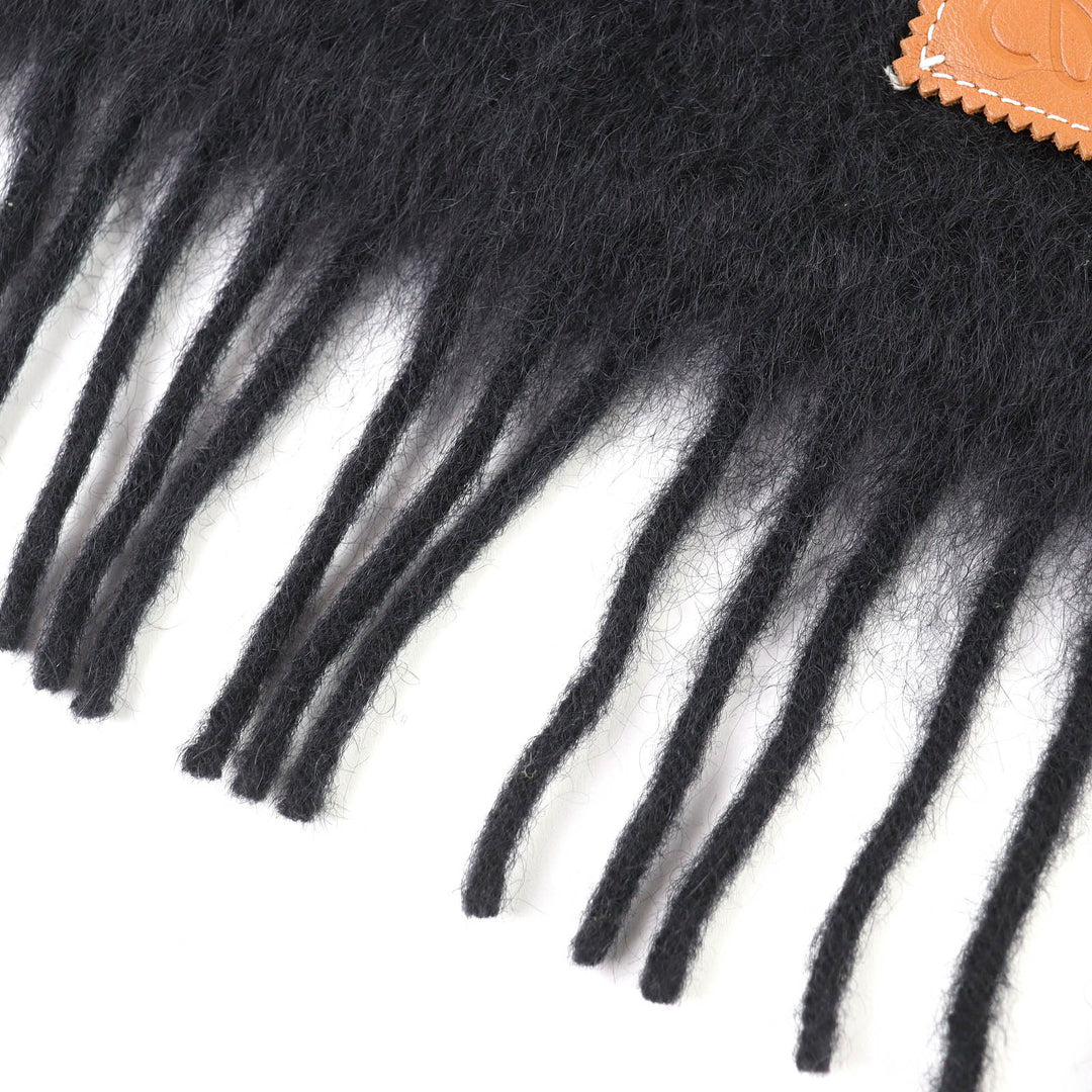 Excellent LOEWE Scarf Anagram Leather Patch with Fringe, Long black mohair Women