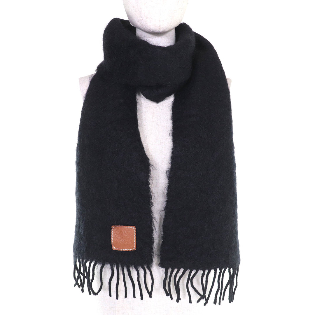 Great LOEWE Scarf Anagram logo patch fringe long black mohair Women