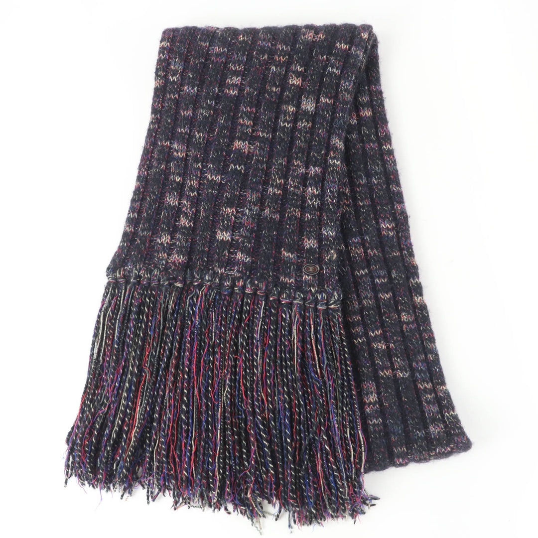 Great CHANEL Scarf Angora Cashmere Blend COCO Mark Knit with Fringe 07A P31765