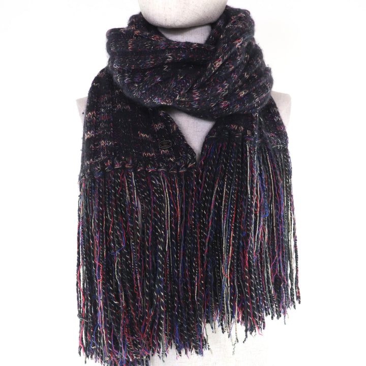 Great CHANEL Scarf Angora Cashmere Blend COCO Mark Knit with Fringe 07A P31765