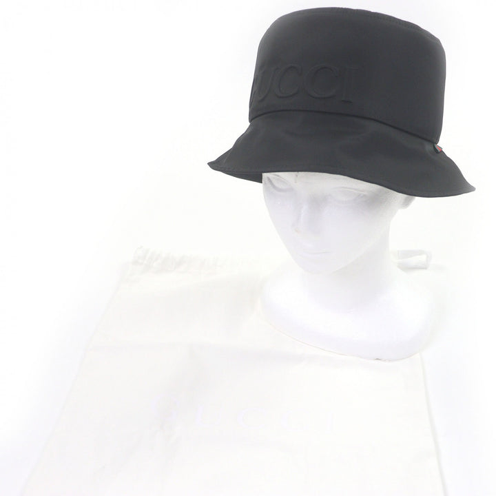 Pristine GUCCI hat Embossed logo Sherry line bucket black Nylon mens XL 813534