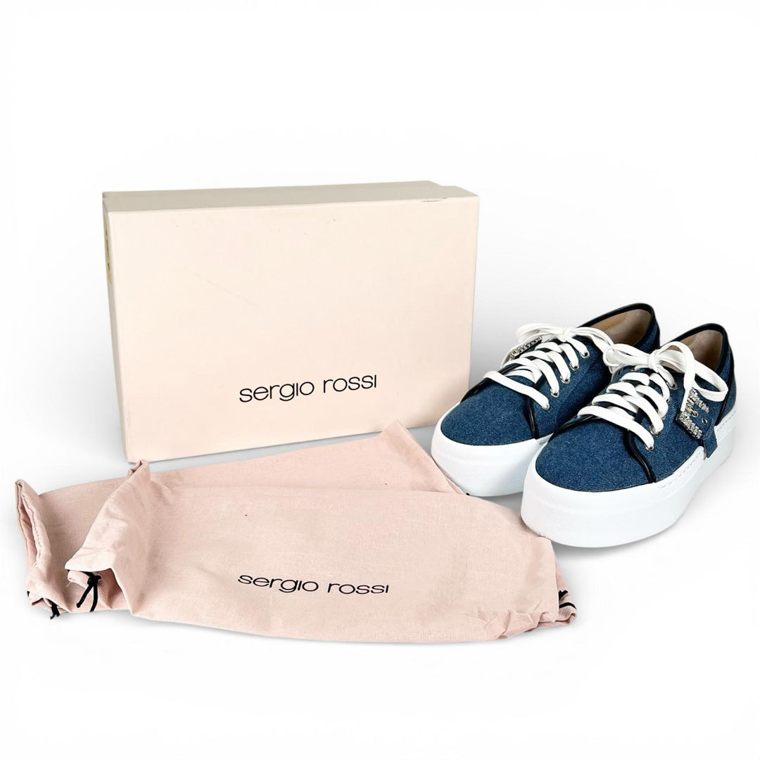 Excellent Sergio Rossi sneakers SR TWENTY BUCKLE Platform denim Indigo 37 B08910