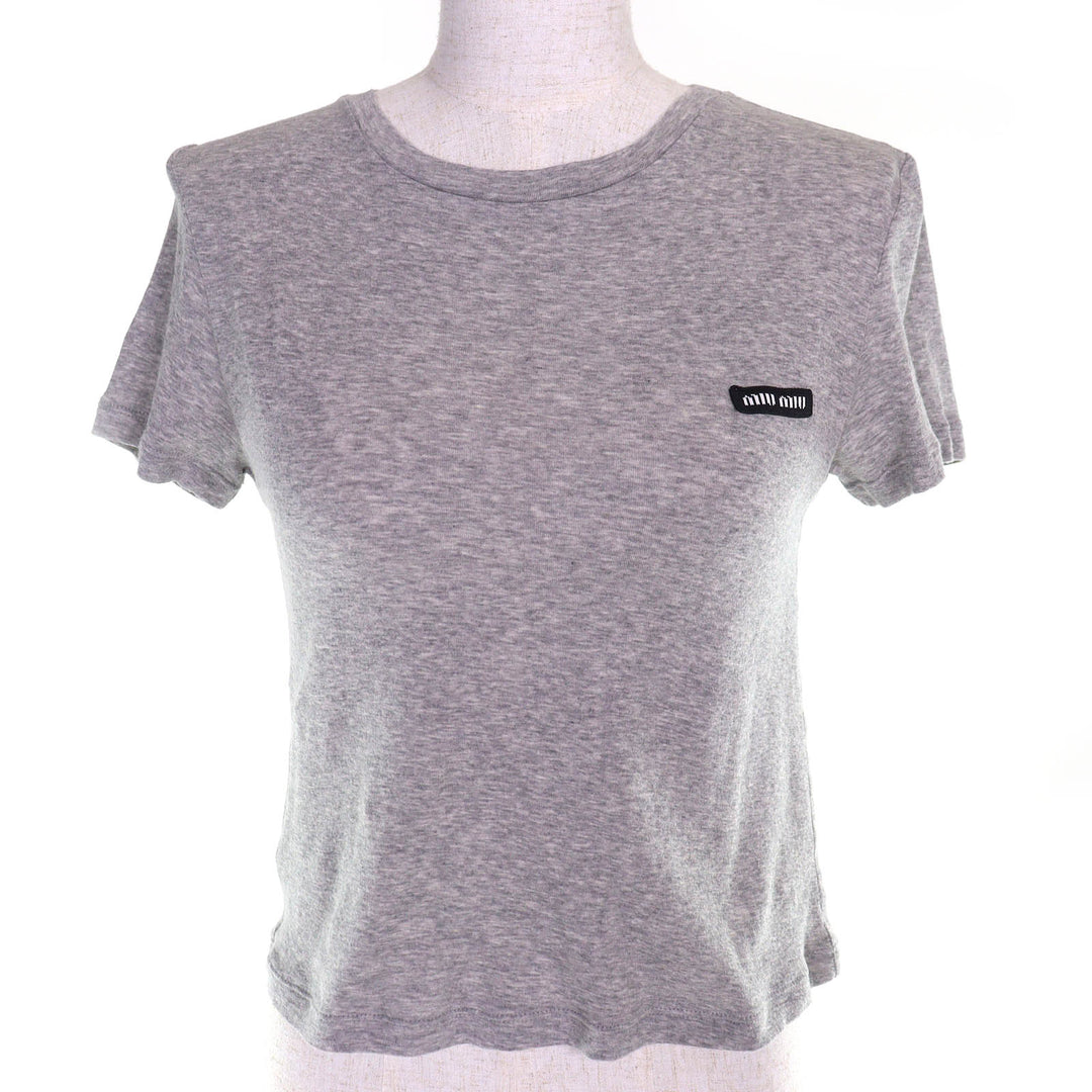 Great MIUMIU Short sleeve Rib-knit jersey t-shirt logo crew neck gray XS MJN466